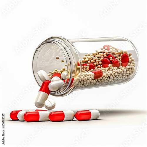A bottle of pills is shown with a few pills falling out of it