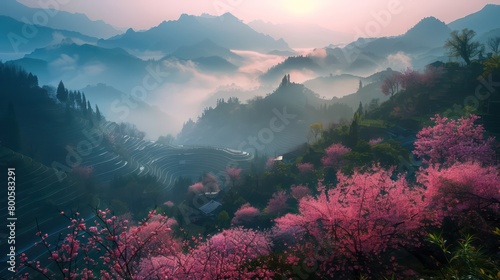 Stunning landscape of terraced mountain fields with cherry blossoms in bloom at dawn © Matthew