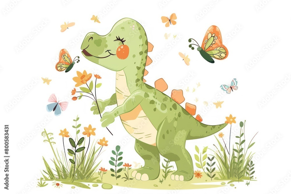 Obraz premium A cartoon dinosaur is holding a flower in its hand. The scene is filled with butterflies and flowers, creating a whimsical and playful atmosphere