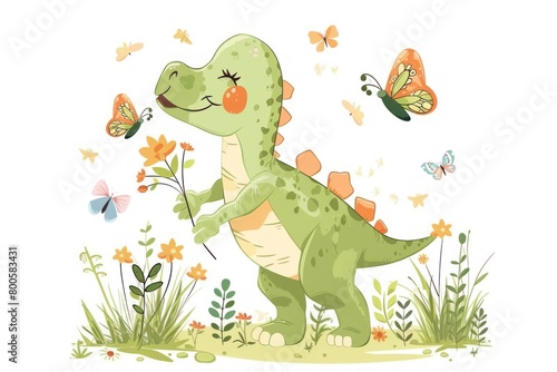 A cartoon dinosaur is holding a flower in its hand. The scene is filled with butterflies and flowers  creating a whimsical and playful atmosphere