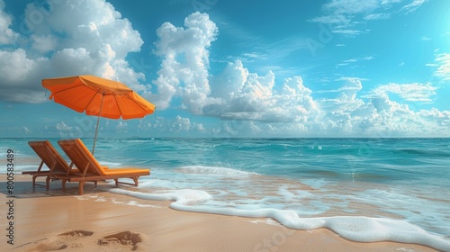 Orange Umbrella and Lounge Chair on Beach