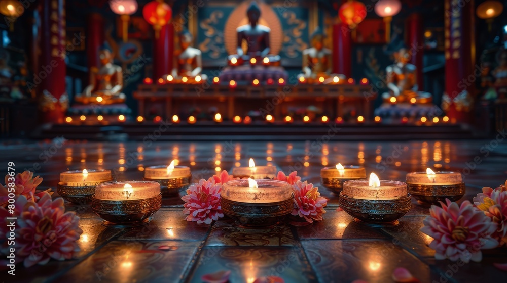 Buddha Statue With Candles and Flowers