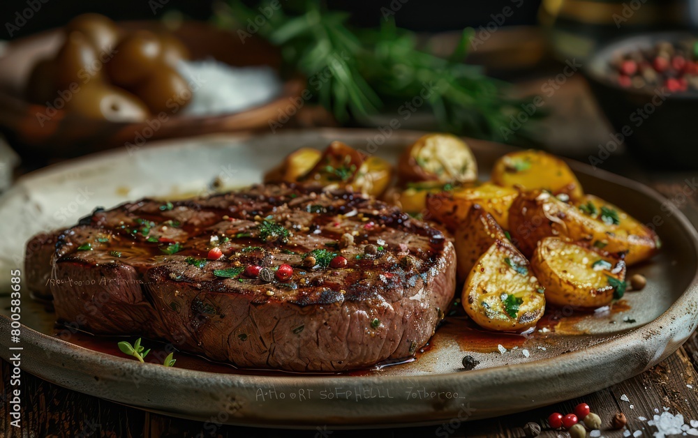 entrecote grilled steak with a professional arrangement, realistic and juicy
entrecote grilled steak with a professional arrangement, realistic and juicy