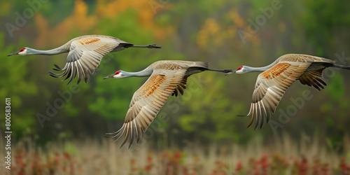 migration of sandhill crane flying in a group. photo