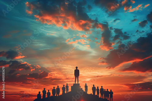 A single figure elevating above a group on a platform, symbolizing leadership, aspiration, and rising above challenges  photo