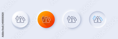 Warning line icon. Neumorphic, Orange gradient, 3d pin buttons. Attention triangle sign. Caution alert symbol. Line icons. Neumorphic buttons with outline signs. Vector
