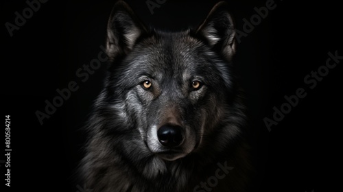 Portrait of adult wolf on black background.