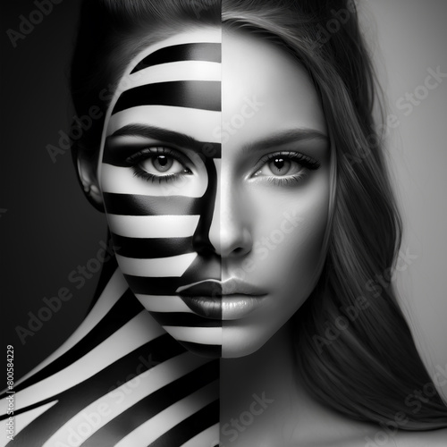 woman face with body art black and white make up stripes