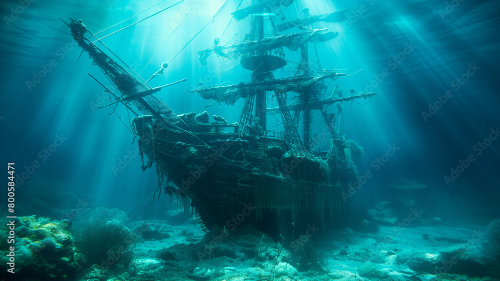 A captivating scene of a sunken galleon ship bathed in sunlight on the ocean's floor A captivating scene of a sunken galleon ship bathed in sunlight on the ocean's floor