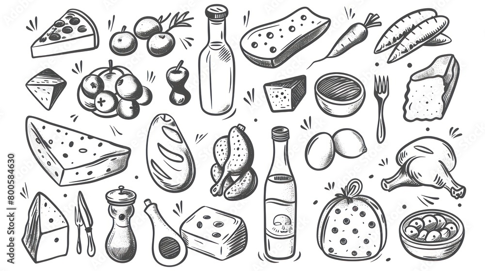 clipart of products from a food basic basket, black contour on a white background clipart of products from a food basic basket, black contour on a white background