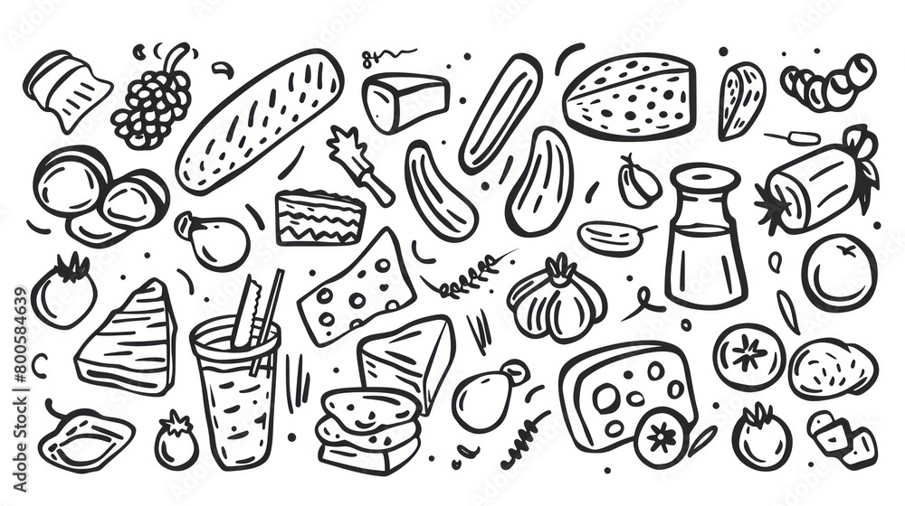 clipart of products from a food basic basket, black contour on a white background clipart of products from a food basic basket, black contour on a white background