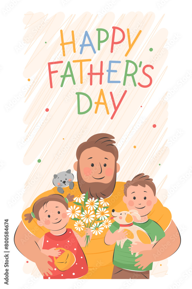 Happy Father's Day card. Children congratulate father. Vector cute illustration for postcards, posters, banner. Happy Father's Day card. Children congratulate father. Vector cute illustration for postcards, posters, banner.