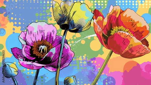 Fototapeta Naklejka Na Ścianę i Meble -  Bright and bold spring flowers in a pop art style, with vivid colors and halftone patterns
