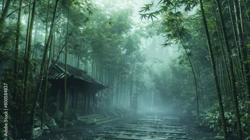 An old Japanese house nestles within a mystical bamboo forest, as the fog adds an air of mystery and timelessness to the scenic composition photo