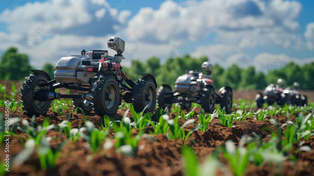 An innovative scene depicting a network of robotic seeders working ...