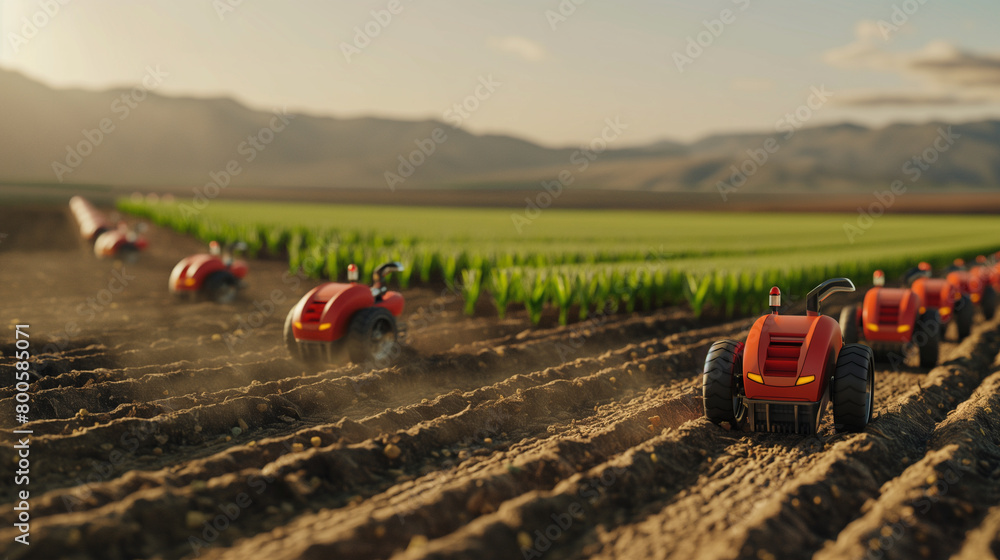 An innovative scene depicting a network of robotic seeders working ...