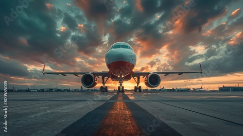 A commercial airplane centered on the runway, under a vivid sunset with fiery clouds casting a warm glow