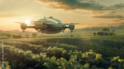 A futuristic rendering illustrating the concept of a seeding drone hovering above a field, utilizing advanced imaging and AI capabilities to identify suitable planting locations an © Nati