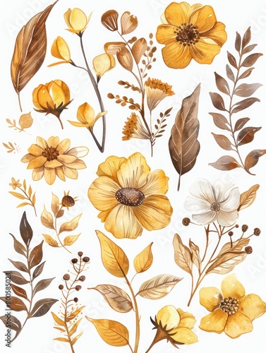 An intricate collection of golden-toned flowers and leaves arranged in a detailed and organic vintage floral pattern