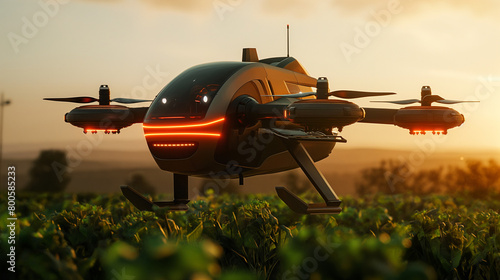 A futuristic rendering illustrating the concept of a self-driving seeding drone hovering gracefully over a field, utilizing advanced imaging and AI capabilities to identify optimal
