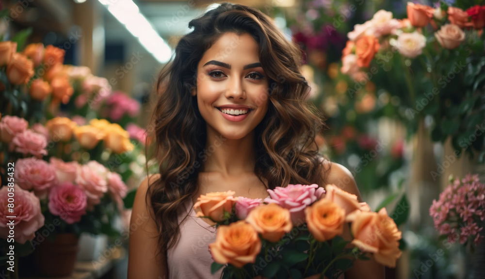 Smiling Latin young woman portrait in a flower store