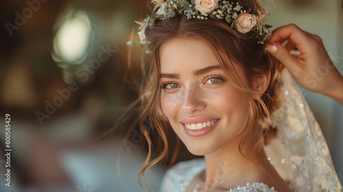 Woman in Wedding Dress Putting on Flower Crown