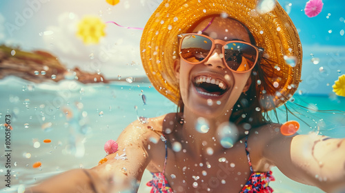 Capture the essence of carefree summer days with this vibrant photo featuring a young woman wearing a colorful sunglass, joyfully partying on the beach, radiating happiness and energy