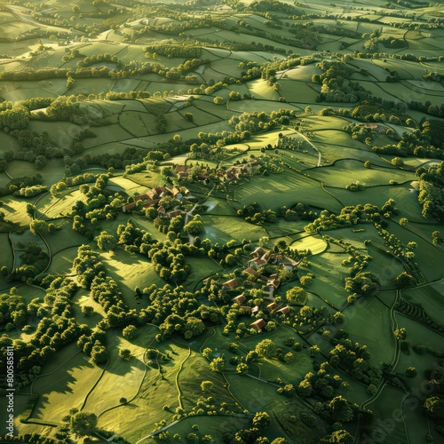 background of an idyllic small village in the middle of a lush  vivid green field  bird s eye view