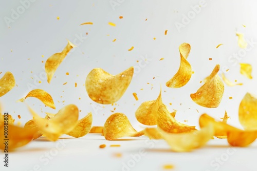 golden potato chips falling dynamic visual on white concept illustrations