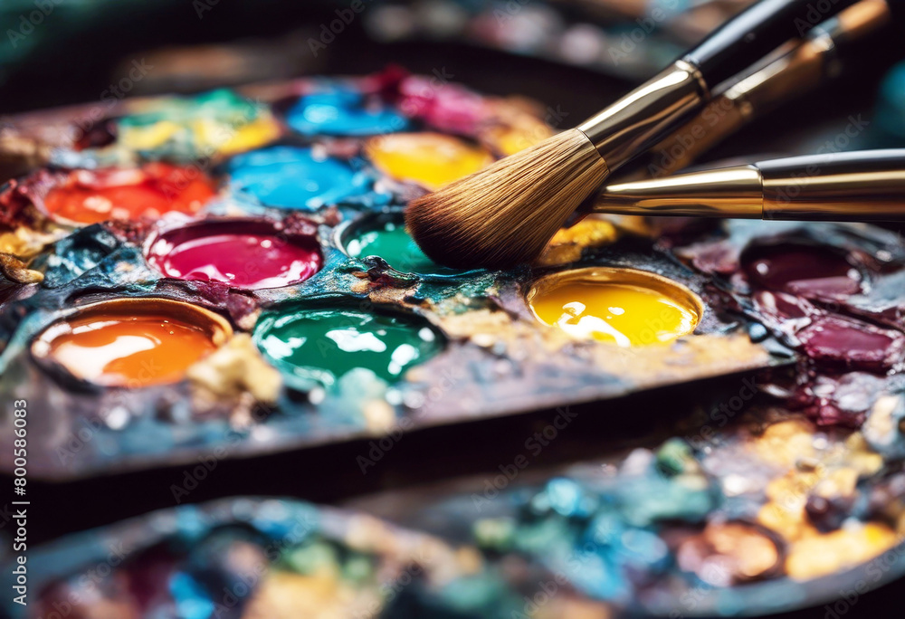 Obraz premium 'paint oil colorful palette s artist brushes used variation abstract acrylic art background box bright brush canvas clean colours craft design dirty drawing easel education freedom green hobby'