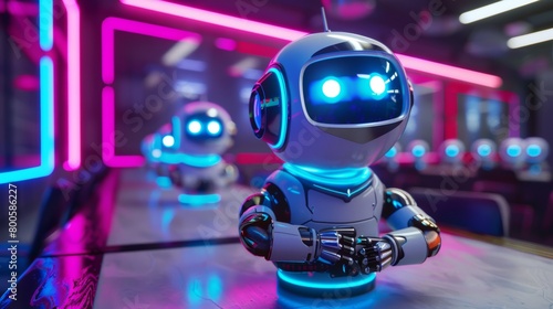 Cute robots in a 3D futuristic classroom, engaging in interactive holographic learning modules under neon lights © Rashid
