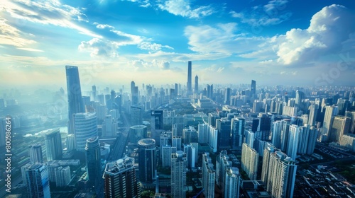 An aerial view of a city's downtown district, dominated by sleek high-rise buildings reaching towards the sky, symbolizing progress and prosperity.