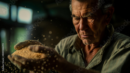 A dramatic photograph highlighting the intensity of the man s gaze as he inspects the quality of the grain in his hand  with a furrowed brow and a thoughtful expression conveying h
