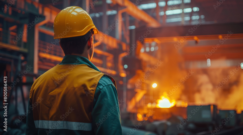 Worker in industrial factory working on steel production manufacturing line Worker in industrial factory working on steel production manufacturing line