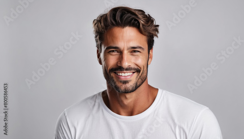 Studio photo of a handsome man model smiling on white background © Mystery