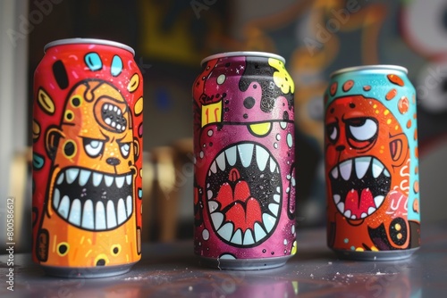 Three cans of soda with faces painted on them. The faces are angry and have big mouths. The cans are arranged on a table