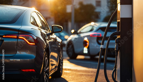 Sunset view of an electric car charging at a streetside photo