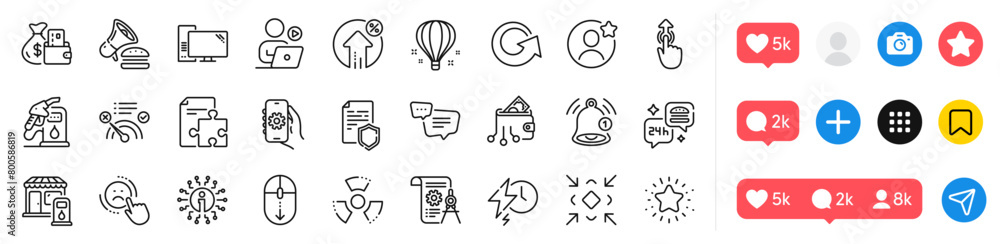 App settings, Change money and Air balloon line icons pack. Social media icons. Computer, Loan percent, Burger web icon. Text message, Best friend, Petrol station pictogram. Vector App settings, Change money and Air balloon line icons pack. Social media icons. Computer, Loan percent, Burger web icon. Text message, Best friend, Petrol station pictogram. Vector