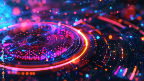 abstract and futuristic wallpaper with circular neon lights and rhythm sound waves 