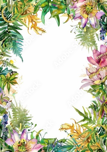 illustration of a colorful floral frame artwork in watercolor with blank space in the middle on a white background