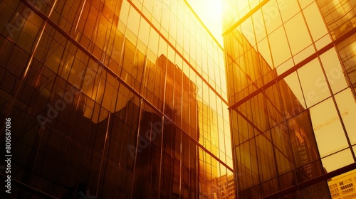 A city skyline with tall buildings and a bright sun shining through the windows photo