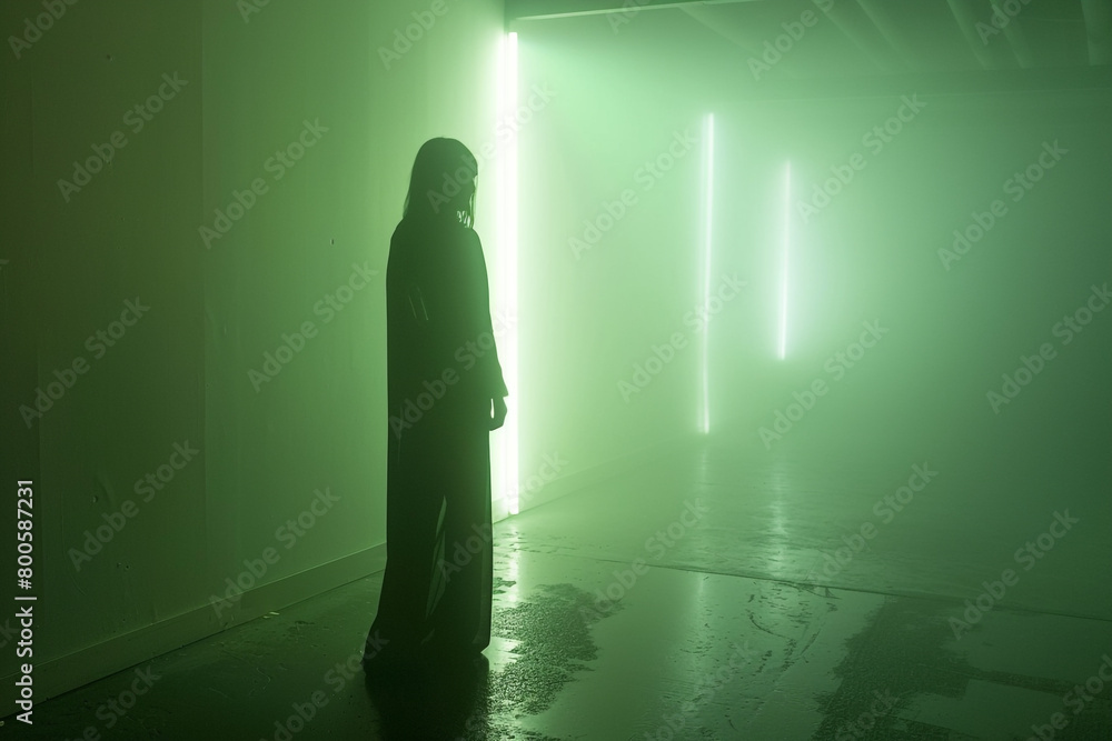 Fototapeta premium A spectral luminous figure standing in an eerie fluorescent lit room ghostly aura 