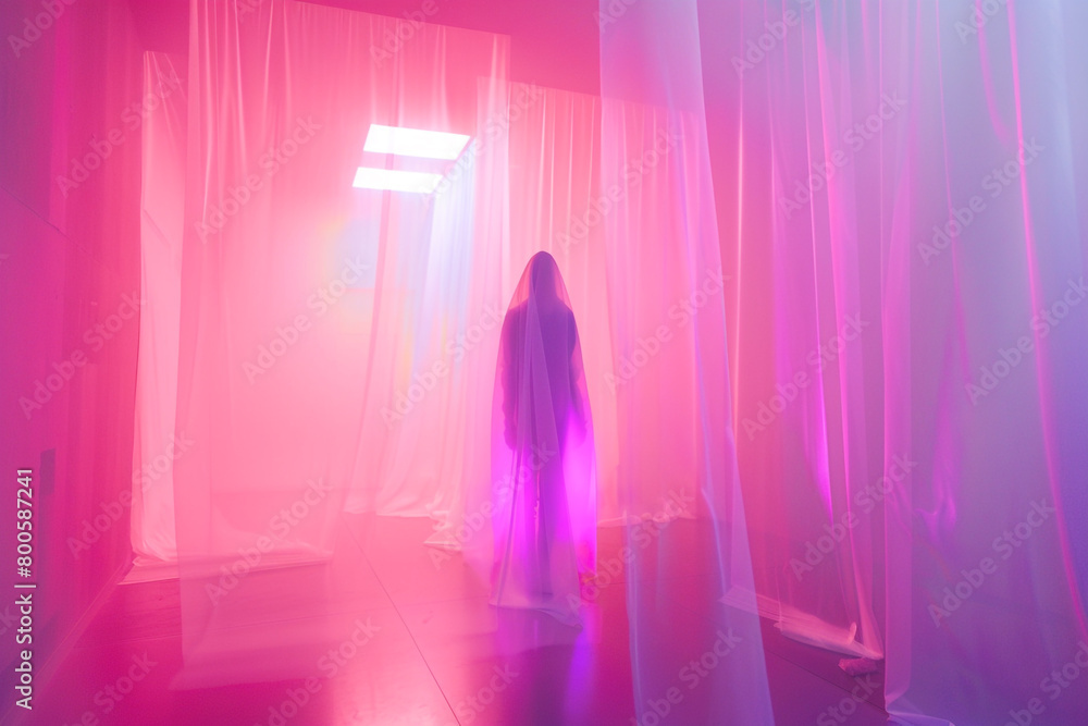 A spectral luminous figure standing in an eerie fluorescent lit room ghostly aura A spectral luminous figure standing in an eerie fluorescent lit room ghostly aura