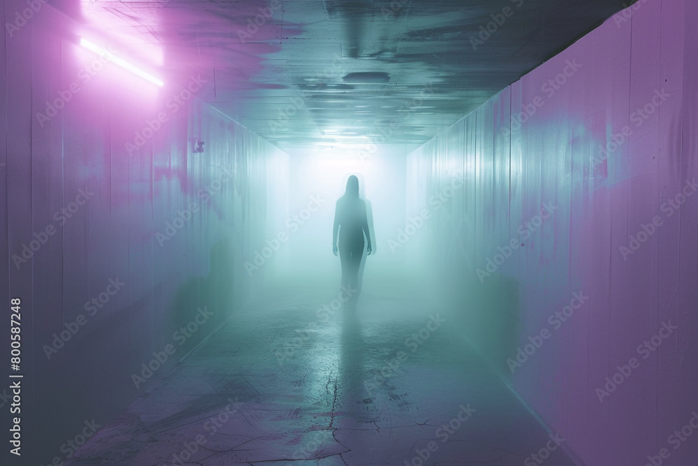 A spectral luminous figure standing in an eerie fluorescent lit room ghostly aura A spectral luminous figure standing in an eerie fluorescent lit room ghostly aura