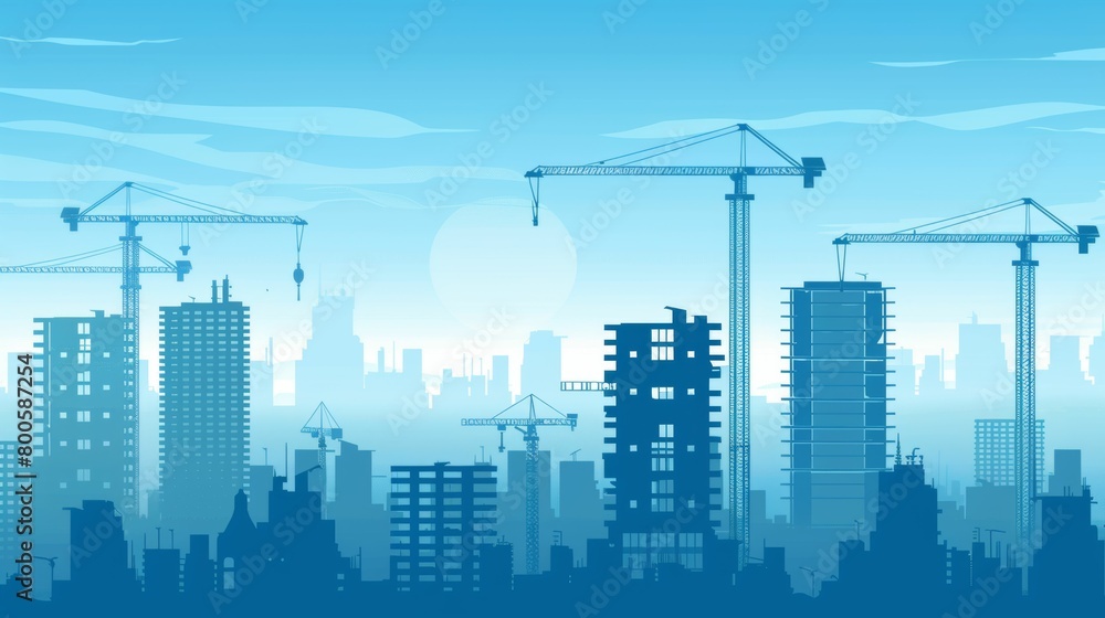 A city skyline with a large crane in the middle