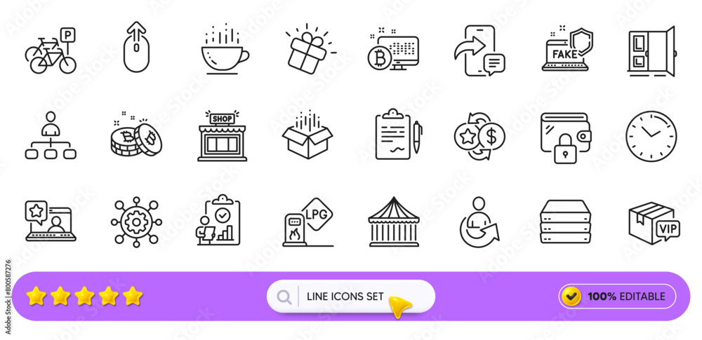 Fake internet, Bitcoin and Open door line icons for web app. Pack of Carousels, Open box, Framework pictogram icons. Clipboard, Bicycle parking, Share signs. Time, Online rating, Wallet. Vector Fake internet, Bitcoin and Open door line icons for web app. Pack of Carousels, Open box, Framework pictogram icons. Clipboard, Bicycle parking, Share signs. Time, Online rating, Wallet. Vector