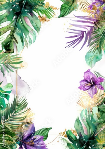 illustration of a colorful floral frame artwork in watercolor with blank space in the middle on a white background