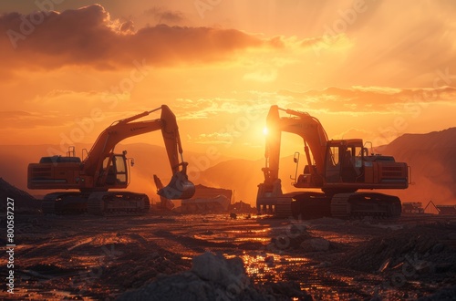 An excavator and bulldozer at a construction site under a sunset's warm light, depicting industrial machinery in action against a scenic backdrop