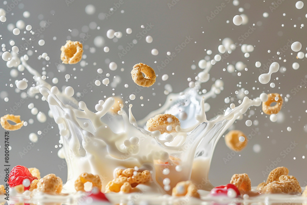 A splash of milk and a floating cereal breakfast scene, Flying Food shot, studio lighting A splash of milk and a floating cereal breakfast scene, Flying Food shot, studio lighting