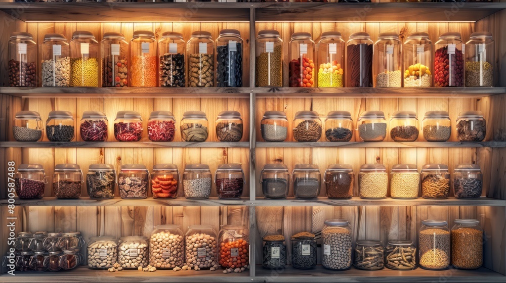 A shelf full of jars with various colored items inside. The jars are arranged in rows and are filled with different types of food. Concept of abundance and variety